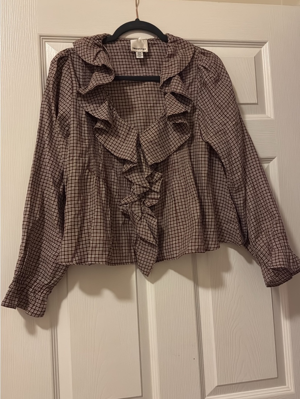 Industry Republic Clothing Plaid Ruffle Blouse Size M Burgundy Cream